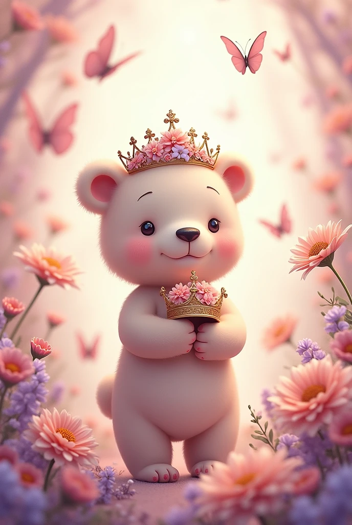 Little bear with a princess crown and delicate flowers and erflies in pink and lilac tones