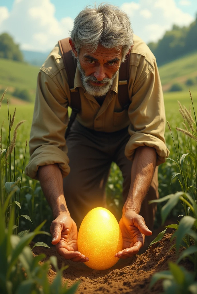 A humble farmer in a simple field, astonished as he finds a golden egg among the crops.