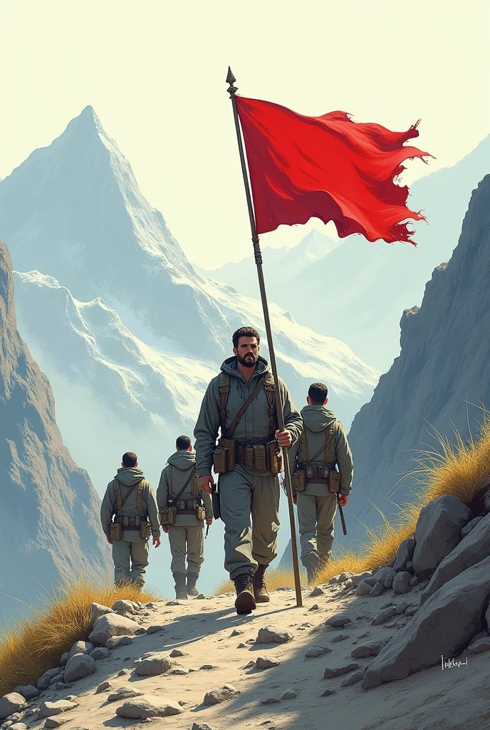  A man who leads his subordinate in a mountain holding a red flag, make it simple like drawing or sketch 