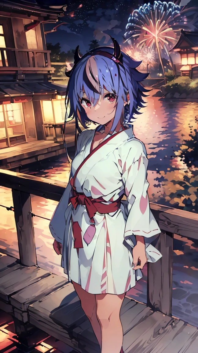 masterpiece, Highest quality, High resolution, Very detailed,(((Mikoto Naruka))), (((smile)))、(((Standing in the distance))), (((Light blue yukata))), (((On Bridge))), (((Red railing))), (((Lantern))), (((firework))), (((night))), (((Multicolored Hair))), (((horn))), (((Pink Eyes)))