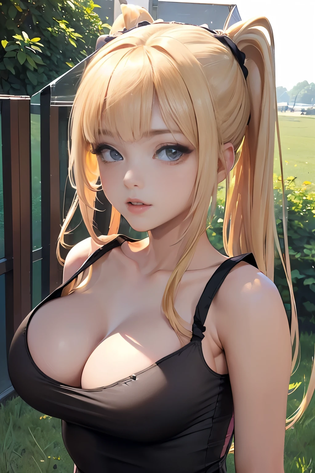 masterpiece，High resolution，Highest quality，In the grassland, (Portrait), Upper body photo, Beautiful face，((Facing forward))、Blonde、((Shooting from the front:1.5)), ((tight black camisole:1.5)), ((Big Breasts:1.5)), ((See-through pink nipples))