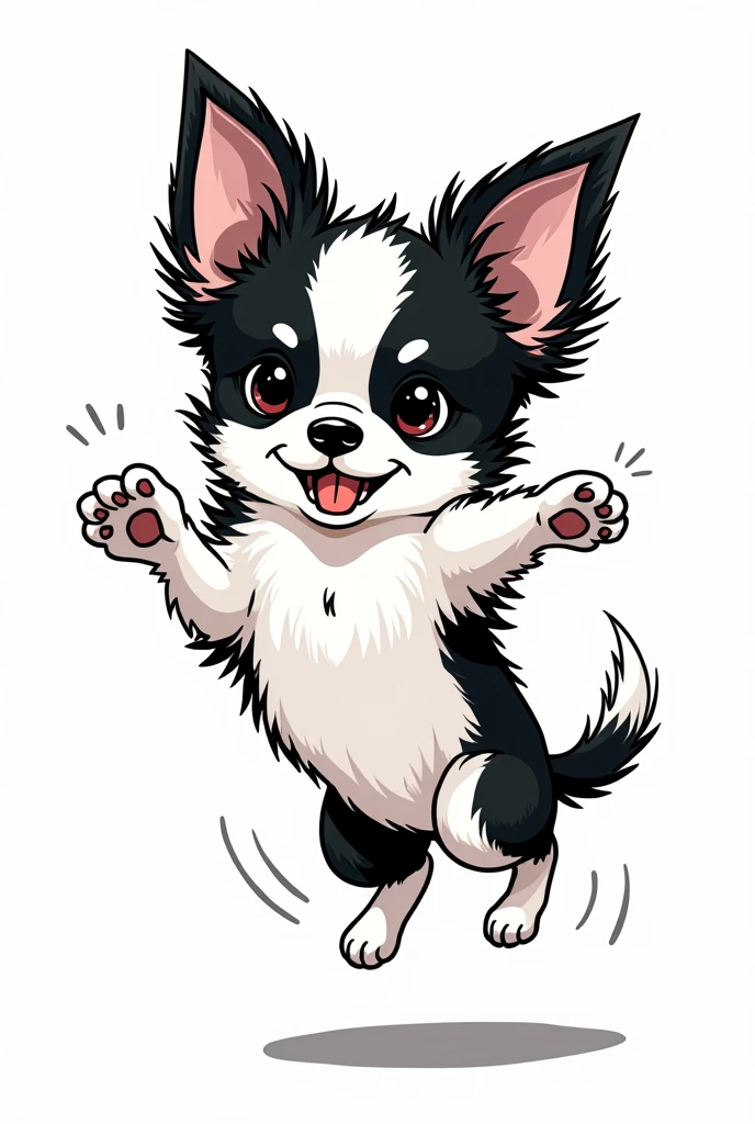 Chihuahua, black and white face, white body, black sides of belly, black butt, fluffy ears, manga style, jumping, LINE stamp style, short legs