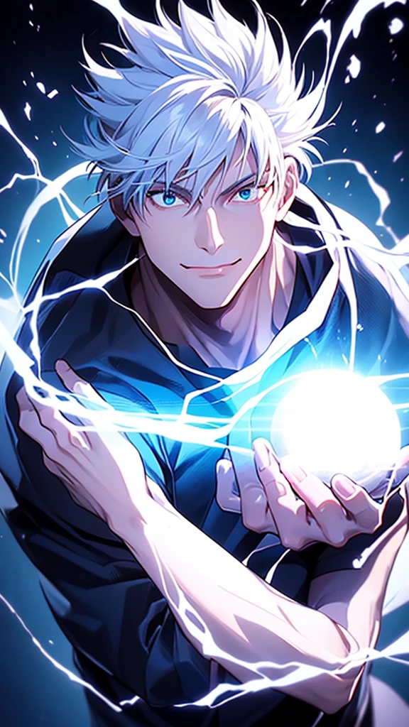 smile gojo body white skin, 80 kg muscular body, and white short hair, blue eyes, white T-shirt ,black leg karate suit ,shoot dark red lightning sphere from right hand,dark blue sphere from left hand anime style