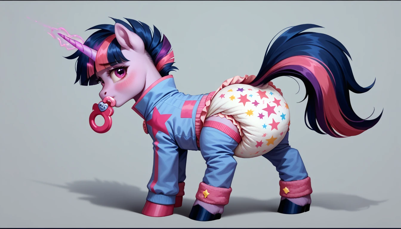pony, purple unicorn, dark blue mane with purple streak and pink streak, the tail is dark blue with a purple strand and a pink strand, purple eyes, on the side close to the back hoof is a drawing of a pink star with six small stars around a central star, adult mare, stands on four hooves, rear hooves spread wide apart, dressed in an adult size bodysuit and booties, pacifier in mouth, solo, thick diaper under clothes, pink blush on cheeks, Embarrassment, Awkwardness.