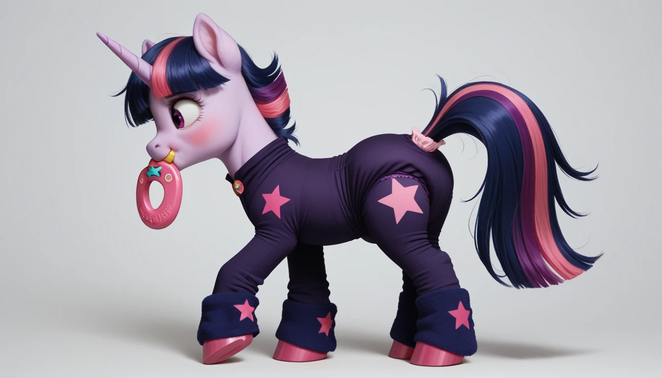 pony, purple unicorn, dark blue mane with purple streak and pink streak, the tail is dark blue with a purple strand and a pink strand, purple eyes, on the side close to the back hoof is a drawing of a pink star with six small stars around a central star, adult mare, stands on four hooves, rear hooves spread wide apart, dressed in an adult size bodysuit and booties, pacifier in mouth, solo, thick diaper under clothes, pink blush on cheeks, Embarrassment, Awkwardness.