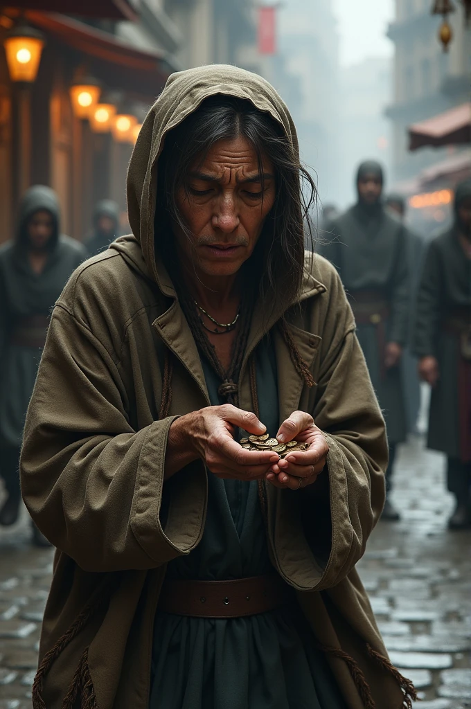A poor woman in the street of a kingdom was looking at the little change in her hand and was suffering.