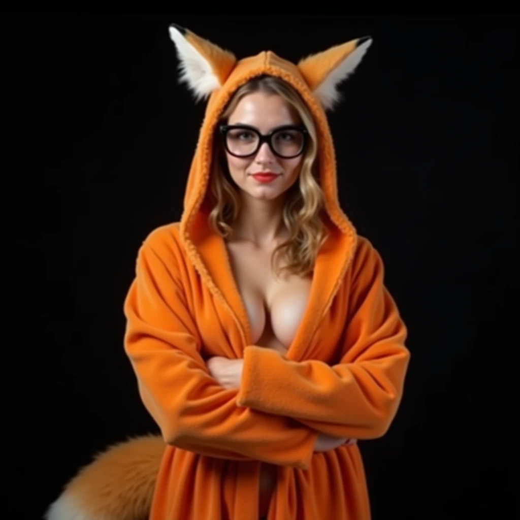 women, 18 years, with an orange robe revealing huge breasts, Fox tail, fox ears, aviator glasses, shy smile, Photo studio, Black background