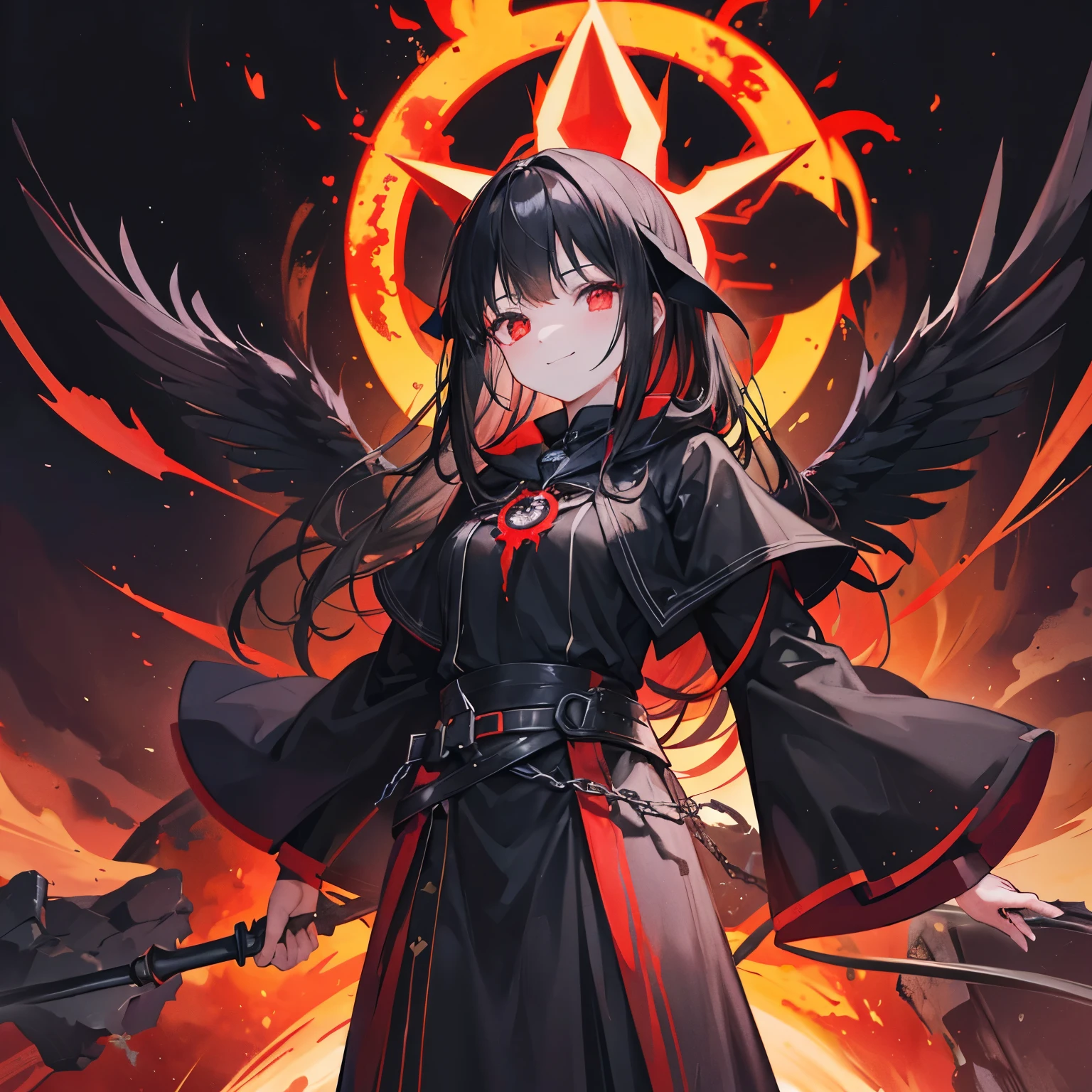 (((((execution)))))　((((witch))))　(((wand of flame　grimoire)))　((Black Hair　witchの帽子　Red eyes　smile　Looking down))　((explosion　fire))　(Magic Robe　Black Hole　despair　tears)　incantation　Runes　Shining Background　Shining Edge Art Station, White Background, 長いBlack Hair、Black Hairロング、Standing in the Wilderness,whole body、Equipped with Crow Gauntlets、triumphant smile、Small breasts、, As if smoke and shadows were given shape, Wings made from giant crows, Dancing crow feathers, Many glowing red eyes, Black Gauntlet、Shadow Claw, Supernatural Lightning and Fire, ((black sun)), 8K high resolution, Trend Art Station、Black color, whole body,raven feather skirt、A whirlpool of countless red-eyed crows、Black Hole,((Long black hair)),Long black hair、Atomic bomb, Or a nuclear bomb, それは大きな破壊力を持つexplosion兵器である, A large amount of energy is released、. The bomb works through the nuclear process of atomic fission.。, A large amount of energy can be released from a small amount of matter.. Aegis Ore Shield  Nightmare Creation is ready to act. The aberrant weapon bears the visage of madness and utter insanity., As if they were a living extension of the chaos that inhabited the dungeon.. Your eyes shine with a disturbing intensity.
