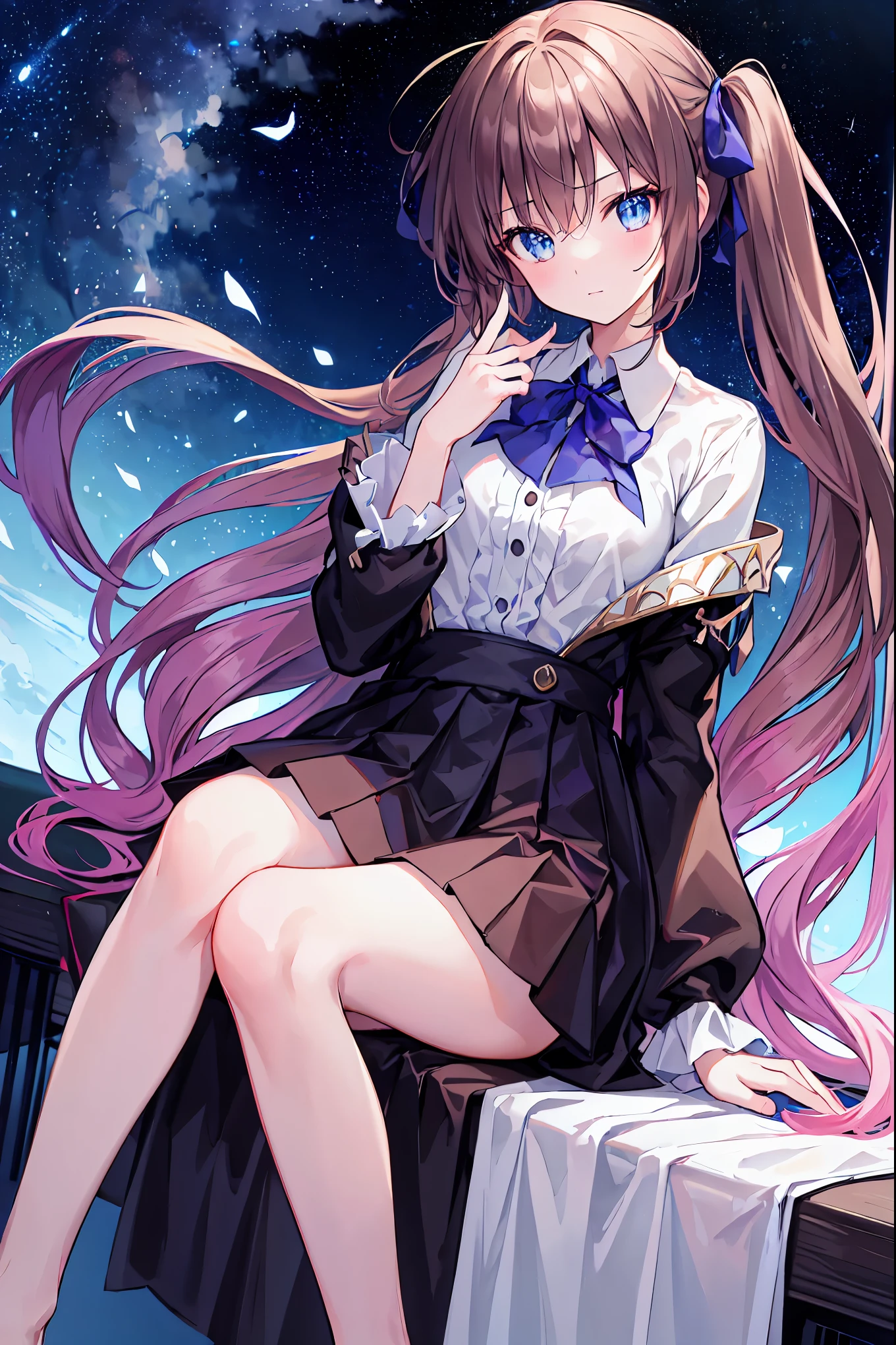 (8k, Highest quality, Tabletop:1.2)、Ultra-high resolution、1 1 Female、Detailed fingers、Tilt your head、Detailed face、Deep and detailed、Happy、Long sleeve uniform、Navy Skirt with Checkered Skirt、Twin Blade、solo、Detailed fingers、((Playing the Grand Piano)),School Music Room、sunset，Her captivating grey-blue eyes shine like stars，Brown Hair，Shortcuts，Messy Hair，Slender beauty，A dignified posture，Small chest，Beautiful feet