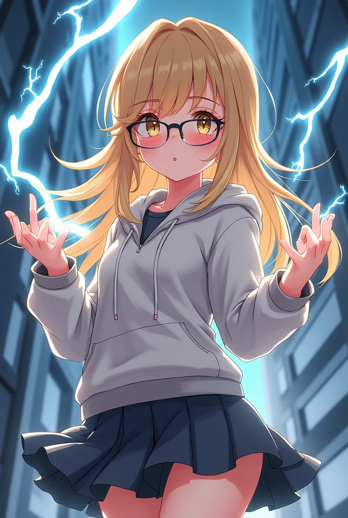 Anime girl who can control lightning, she is blushing, she has yellow long hair, and is wearing glasses a hoodie and a short skirt