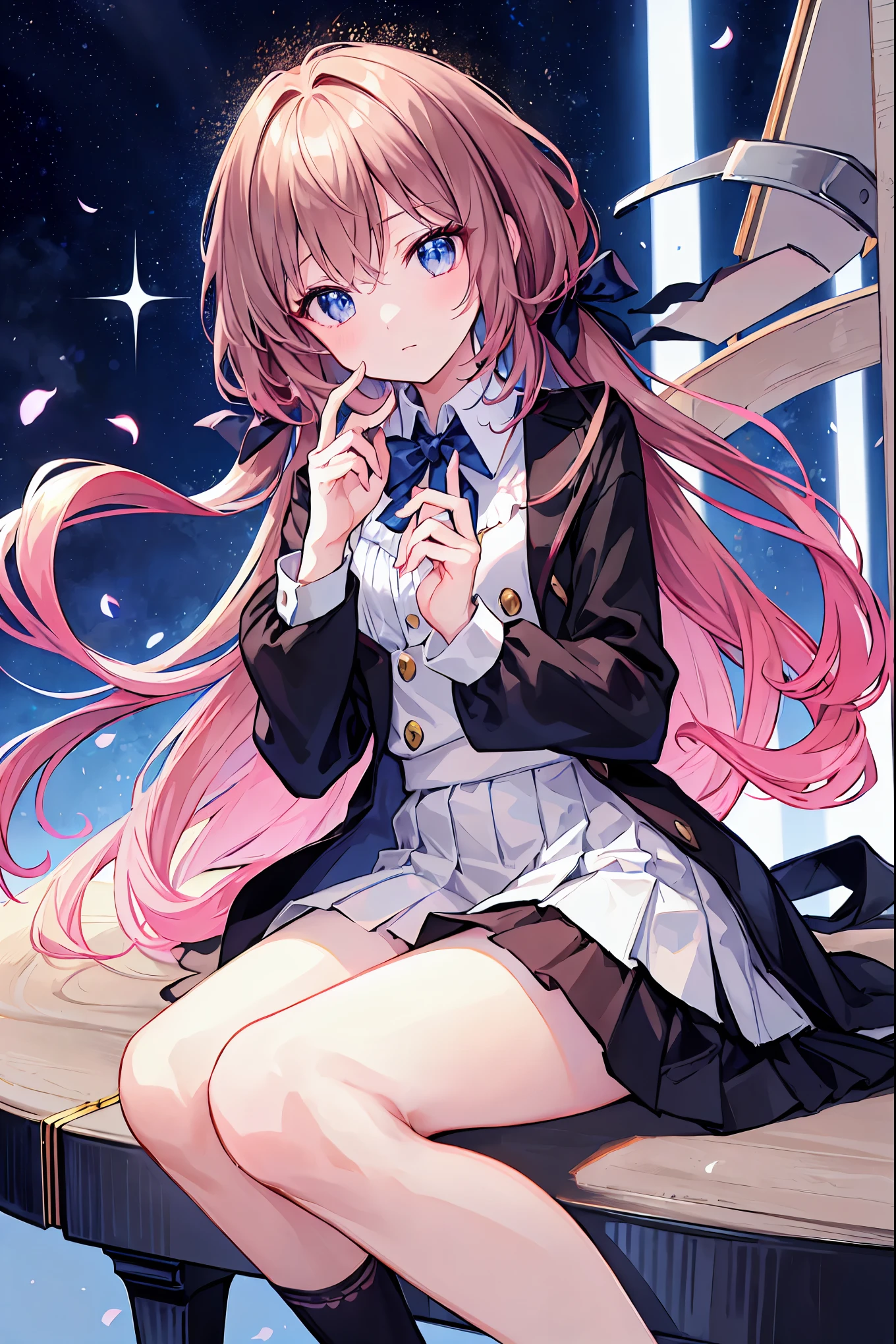 (8k, Highest quality, Tabletop:1.2)、Ultra-high resolution、1 1 Female、Detailed fingers、Tilt your head、Detailed face、Deep and detailed、Happy、Long sleeve uniform、Navy Skirt with Checkered Skirt、Twin Blade、solo、Detailed fingers、((Playing the Grand Piano)),School Music Room、sunset,Her captivating grey-blue eyes shine like stars,Brown Hair,Shortcuts,Messy Hair,Slender beauty,A dignified posture,Small chest,Beautiful feet