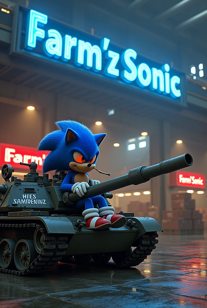 grand entrepôt avec des cargaisons de weed dans le fond avec une grande pancarte en haut ou il y'a ecrit Farm'z Sonic en bleu et il y'a sonic avec les yeux rouge qui fume un joint assis sur un tank et il y'a ecrit sur le bas du tank en bleu en cartoon