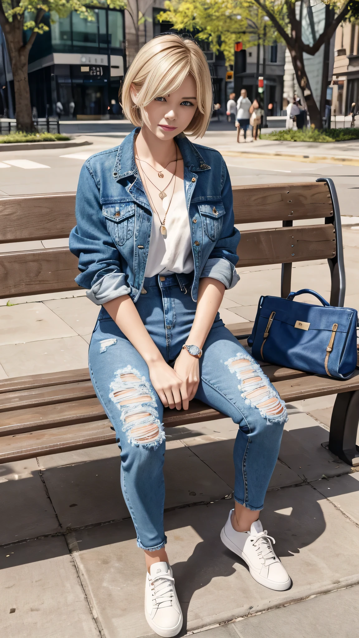 Super Resolution、Neat and clean Caucasian woman、Full body photo、sitting on a park bench、Blonde Hair、Short Haircut、Blue eyes、Mouth slightly open、Ear piercing、、necklace、Denim jacket、shirt、Skinny jeans、sneakers、