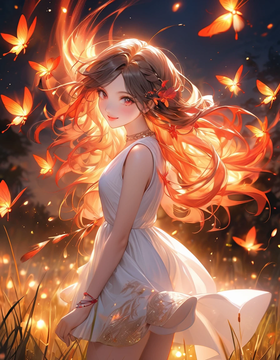 masterpiece:1.2,Highest quality, High resolution, 16K, Ultra-realistic:1.37, Beautiful details, beautiful girl, Stand in a beautiful pose, Smiling Kindly, flowing hair, Night Grassland, fire Fly in hands, fire Fly on hair, Many fire Fly fly around:1.3, 激しく舞うfire Fly:1.3, Countless fire Fly:1.3, Trails of many fire Fly:1.3, Beautiful delicate(hair,face,eye,student,White Dress,anklet,knees,fire Fly), sparkling eye, Glowing Lips, Back view