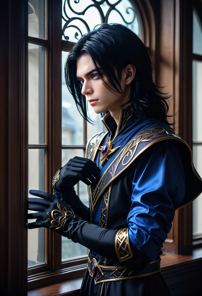 handsome man, 30 years, adult, without mustache and beard, attractive, jet black shoulder length hair, dark magician, a sly, attentive look, mesmerizing eyes, To profile, puts on gloves, looking out the window, dissatisfied, frowning, stately, strong, dark aura, near the window, in the office in the mansion, unearthly beauty, fantasy, European appearance, beautiful facial features, digital art, bright light, complex parts, Focus on the face, Exquisite, sharpness, depth, professional photo, cgi, diffuse reflection, full hd wallpaper, epic, 64k, f/16, 1/300s, s750, HDR, ultrahd, 50mm lens