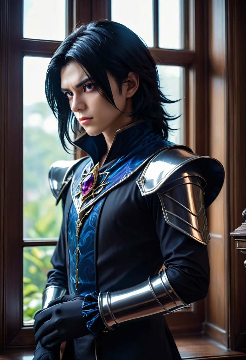 handsome man, 30 years, adult, without mustache and beard, attractive, jet black shoulder length hair, dark magician, a sly, attentive look, mesmerizing eyes, To profile, puts on gloves, looking out the window, dissatisfied, frowning, stately, strong, dark aura, near the window, in the office in the mansion, unearthly beauty, fantasy, European appearance, beautiful facial features, digital art, bright light, complex parts, Focus on the face, Exquisite, sharpness, depth, professional photo, cgi, diffuse reflection, full hd wallpaper, epic, 64k, f/16, 1/300s, s750, HDR, ultrahd, 50mm lens