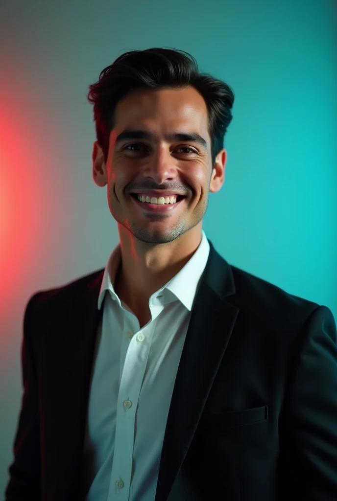 A young man with dark hair and a confident smile. He is dressed in a black blazer over a white shirt. The man is positioned against aqua colour backdrop with a subtle red lighting on the left side. and he posing for Linkedin profile