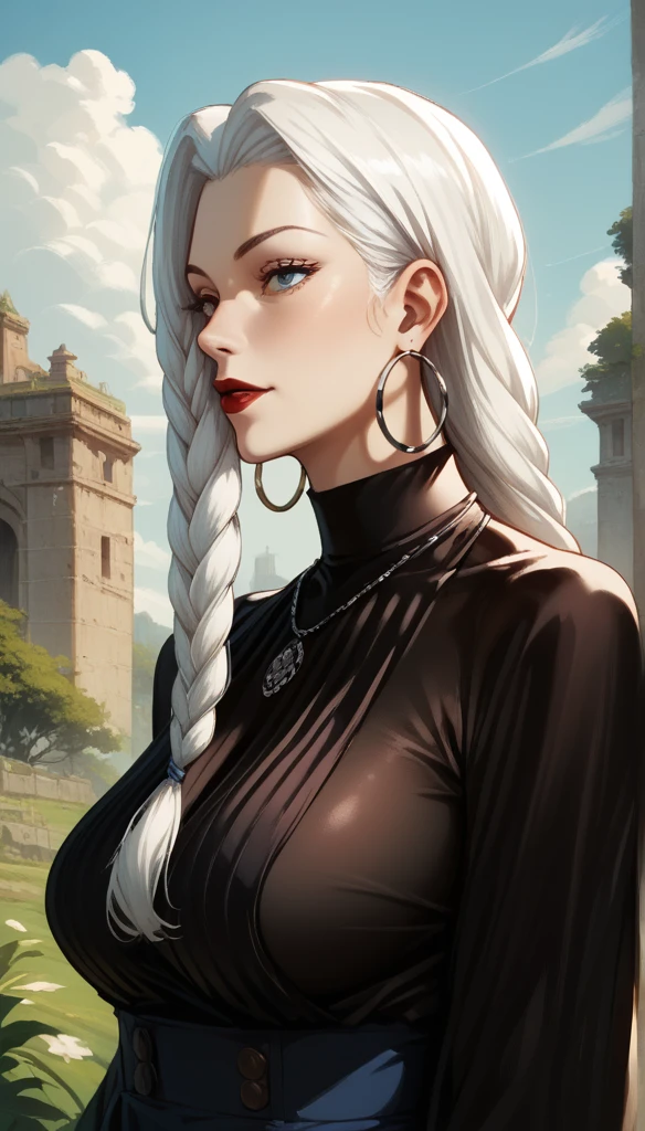 score_9, score_8_up, score_7_up, score_6_up, score_5_up, score_4_up, mei mei , blue eyes, white hair braid, large breasts, necklace,big oversized hoops earrings ,red lipstick , detailed eyes ,pants , saggy breasts ,black ornate ancient dress,