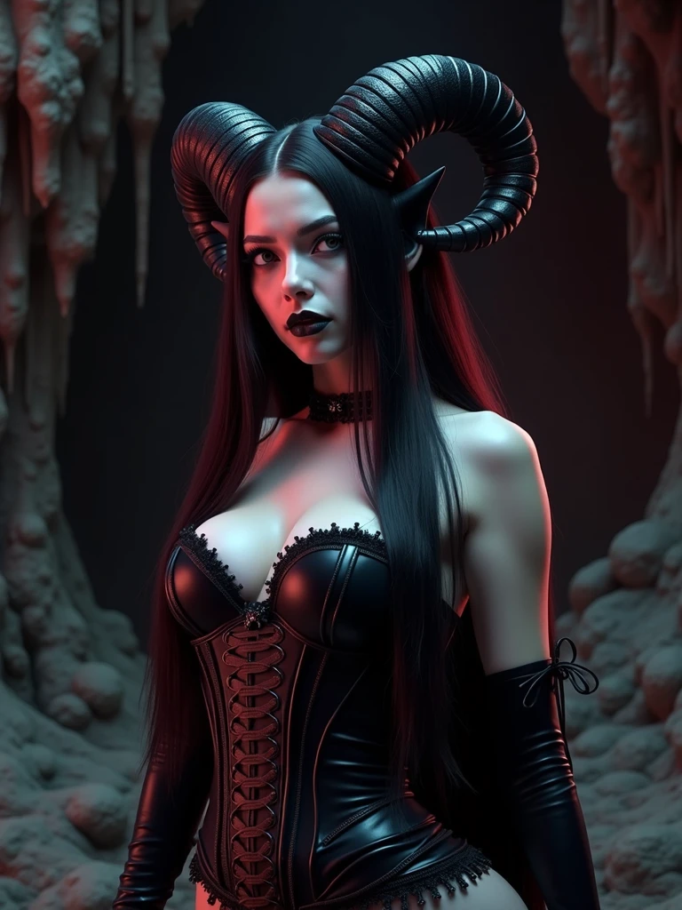 A gothic fantasy photo of a sensual, dark goddess with a black corset and horns on her head. She has extremely long, ultra-realistic hair. Black Goth makeup. The background is a dark, cave-like setting with stalactites and stalagmites. The overall image has a dark,