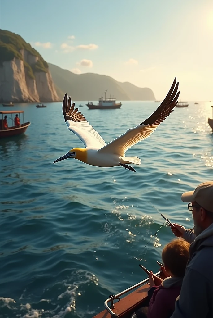 1 adult gannet flying watching humans fishing