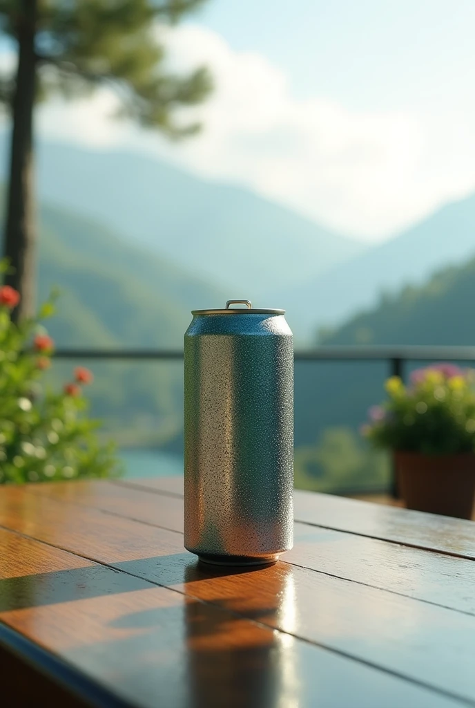 cold can of soda on a table with beautiful scenery