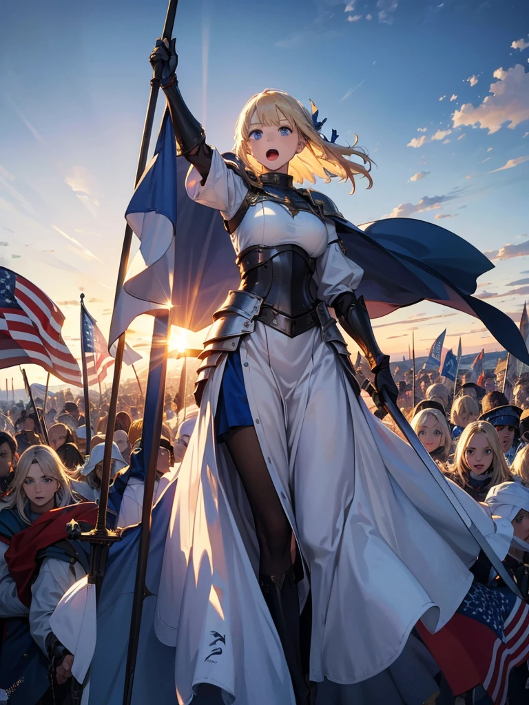 masterpiece,Highest quality,One person,Costume 1,,sunrise,dawn,holding flag,Open your mouth,sword,Blonde,blue eyes,White Theme,armor,Portraiture,crowd,Swarm,flag,waving flag