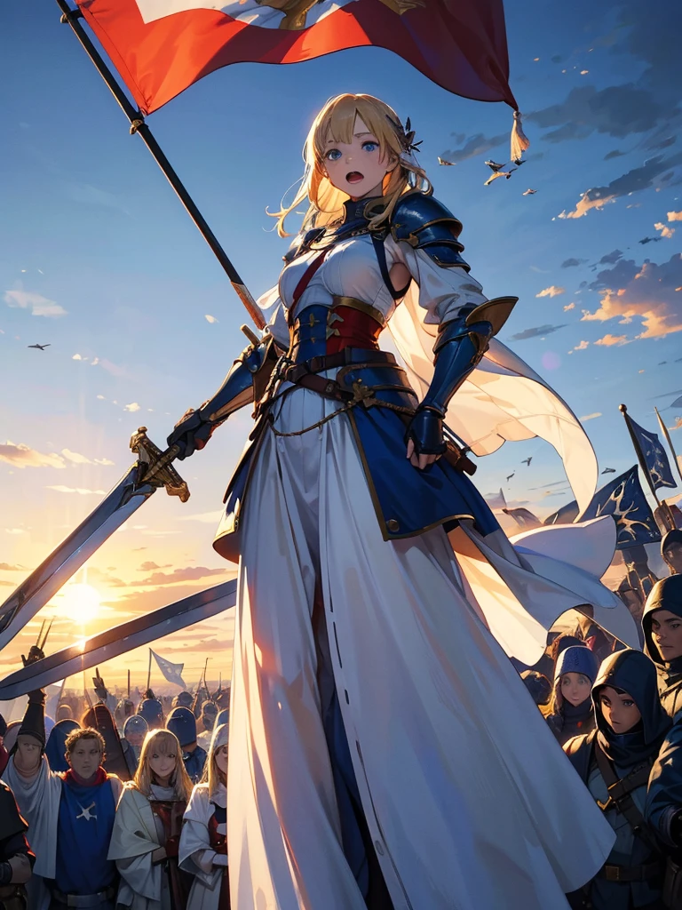 masterpiece,Highest quality,One person,Costume 1,,sunrise,dawn,holding flag,Open your mouth,sword,Blonde,blue eyes,White Theme,armor,Portraiture,crowd,Swarm,flag,waving flag