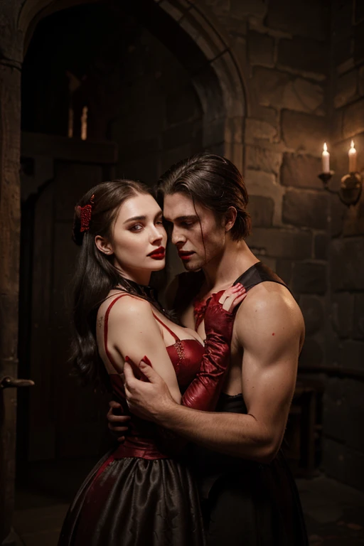 8k, vampire woman, medieval chic dress, complex, elegant, majestic, digital photography, fine detail, realistic, high resolution, romance, man hugs, blood on the face, red lips, blood on the face, , fangs