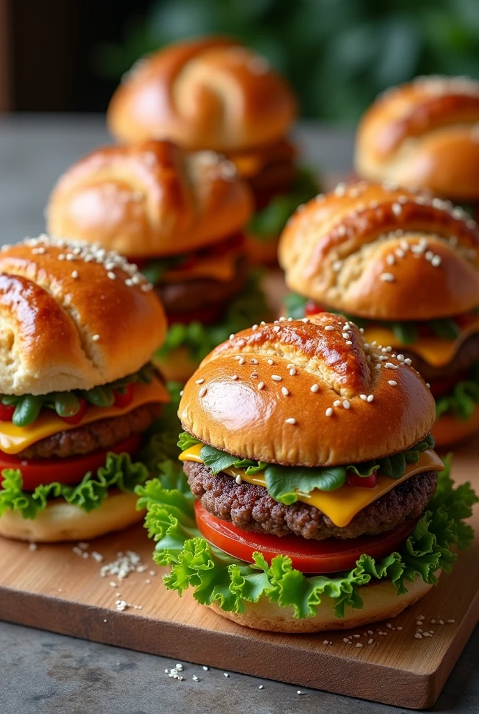 4 hamburgers and 4 pastries on a table with 2 açaí bowls
