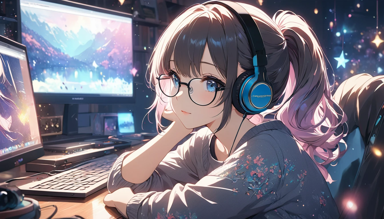 Highest quality, Intricate details, Very delicate, so beautiful, Highest quality, High Qualite, Very beautiful face, kindness, 超detailed hair, thin, cute, Perfectly symmetrical face, Upper body rest (Beautiful colors,detailed,Highest quality,Great quality,so beautiful),Lighting particles, Black-rimmed glasses, Casual Fashion, Headphones,computer, guitar, Glitter, ponytail, Anime Style 4 k, art wallpaper 8k, LOFI Girl, 4K anime atmosphere, Lo-fi art style, Anime Style, 8k