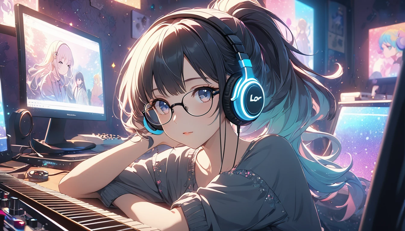 Highest quality, Intricate details, Very delicate, so beautiful, Highest quality, High Qualite, Very beautiful face, kindness, 超detailed hair, thin, cute, Perfectly symmetrical face, Upper body rest (Beautiful colors,detailed,Highest quality,Great quality,so beautiful),Lighting particles, Black-rimmed glasses, Casual Fashion, Headphones,computer, guitar, Glitter, ponytail, Anime Style 4 k, art wallpaper 8k, LOFI Girl, 4K anime atmosphere, Lo-fi art style, Anime Style, 8k