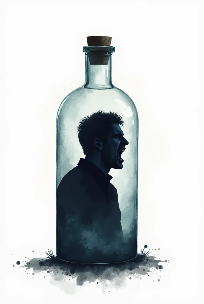 white background, silhouette of a man screming from inside a poison bottle, watercolour style