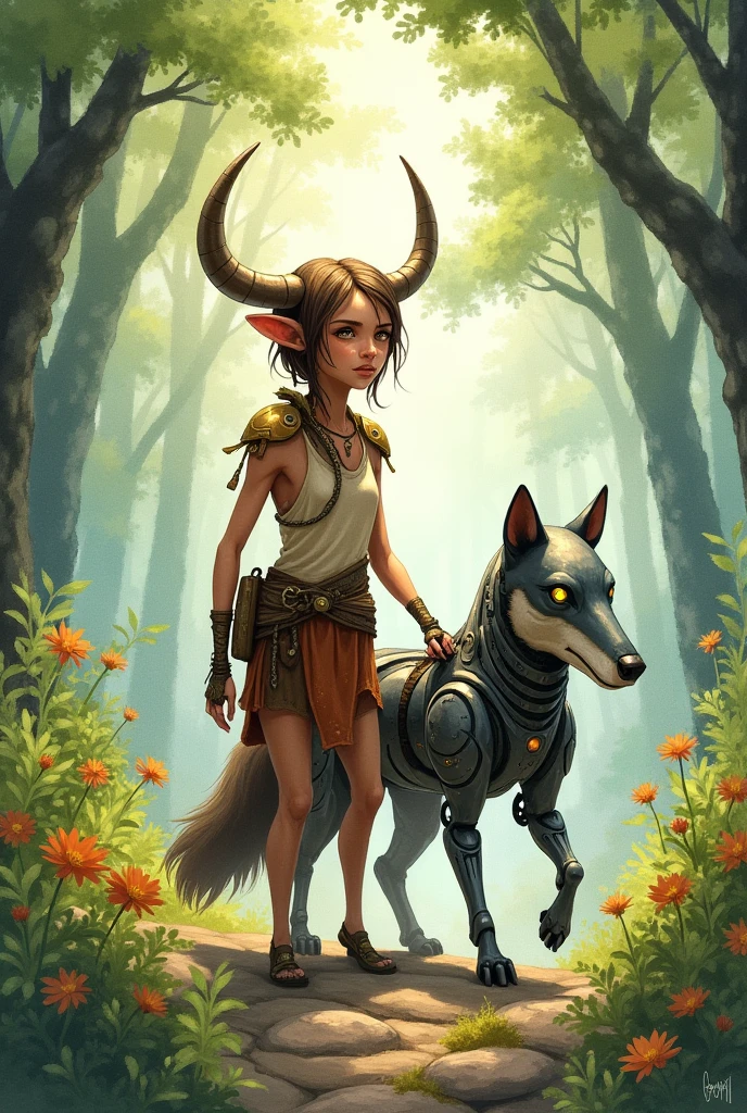 Create a watercolor style artwork of a druid minotaur with a robotic wolf, remembering that the minotaur must be of weak physical size and adult.