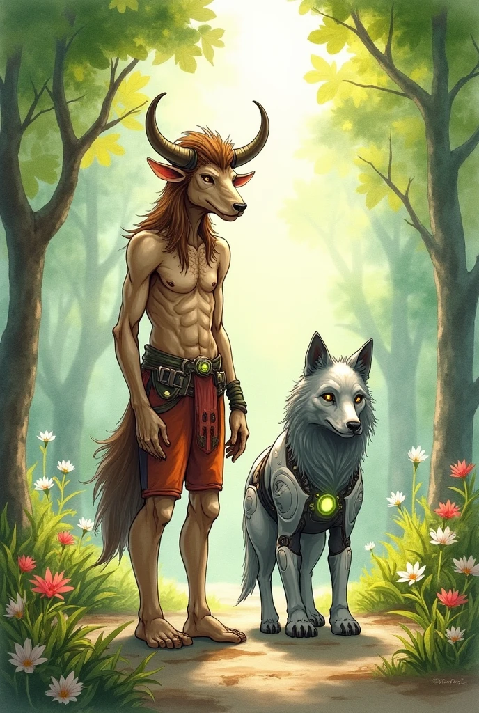 Create a watercolor style artwork of a druid minotaur with a robotic wolf, remembering that the minotaur must be of weak physical size and adult.