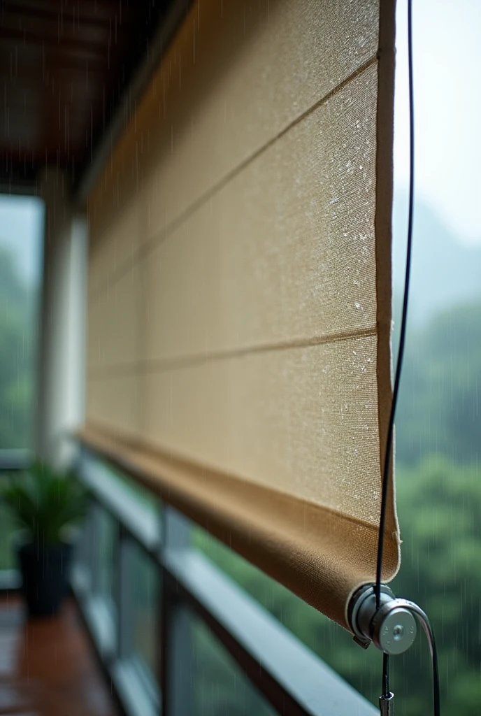 1. Material and Texture: Monsoon blinds are usually made of heavy-duty, water-resistant materials like PVC plastic The texture might appear slightly glossy or matte, depending on the material.

2. Color: Monsoon blinds are often neutral or earthy colors like beige, grey, or brown. They might also be in darker shades to blend with outdoor settings.
3.Transparency: Some monsoon blinds are semi-transparent, allowing light to filter through while still providing protection from rain.

4. Edges and Fastenings: The edges of the blinds should have reinforced seams, often with eyelets for hooks or ties. They might also include zippers or Velcro strips for securing the blinds.

5. Installation: Monsoon blinds are typically installed in outdoor settings, like patios or balconies. You might want to depict them hanging from a structure, with visible ropes or hooks securing them at the top and sometimes at the bottom.

6. Background and Environment: The surroundings could include rain or cloudy skies, as monsoon blinds are used during the rainy season. You might also show them partially rolled up or fully extended, depending on how you want to capture them in action.

7. Lighting and Shadows: Since these are used during monsoons, the lighting might be soft, with diffused light coming through clouds. The blinds might cast soft shadows or have water droplets on them, adding to the realism.
