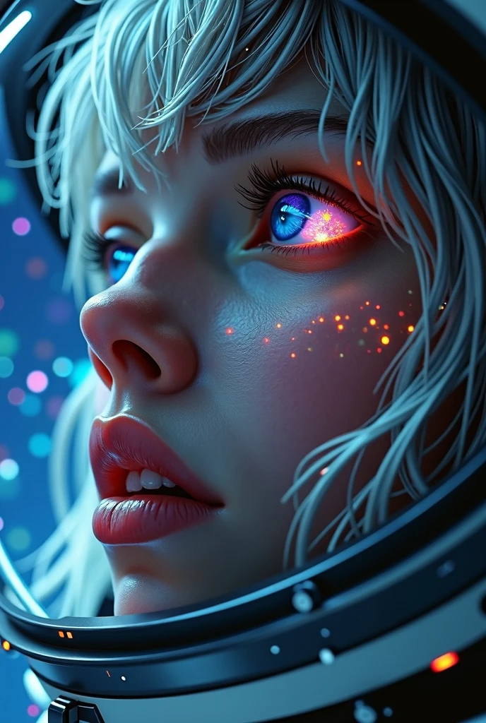 (Close-up of a better masterpiece:1.5)0.9], (Space and astronauts:1.2) (Messy silver hair:1.1) (Heterochromia xanthochromia and blue eyes:1.2) (Space Helmet:1.0) (Colored stars in the eyes:1.0) (A radiant glow:1.1) (thick lips:0.9)