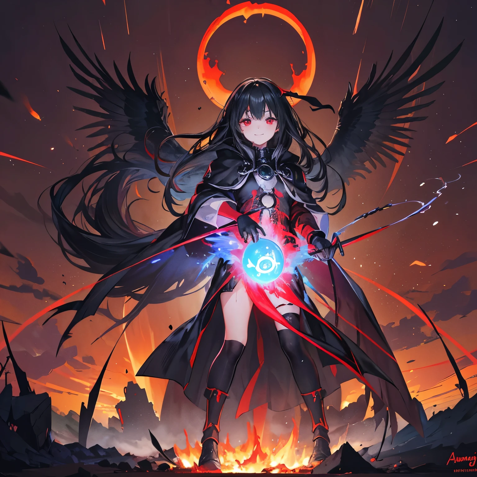 (((((execution)))))　((((witch))))　(((wand of flame　grimoire)))　((Black Hair　witchの帽子　Red eyes　smile　Looking down))　((explosion　fire))　(Magic Robe　Black Hole　despair　tears)　incantation　Runes　Shining Background　Shining Edge Art Station, White Background, 長いBlack Hair、Black Hairロング、Standing in the Wilderness,whole body、Equipped with Crow Gauntlets、triumphant smile、Small breasts、, As if smoke and shadows were given shape, Wings made from giant crows, Dancing crow feathers, Many glowing red eyes, Black Gauntlet、Shadow Claw, Supernatural Lightning and Fire, ((black sun)), 8K high resolution, Trend Art Station、Black color, whole body,raven feather skirt、A whirlpool of countless red-eyed crows、Black Hole,((Long black hair)),Long black hair、Atomic bomb, Or a nuclear bomb, それは大きな破壊力を持つexplosion兵器である, A large amount of energy is released、. The bomb works through the nuclear process of atomic fission.。, A large amount of energy can be released from a small amount of matter.. Aegis Ore Shield  Nightmare Creation is ready to act. The aberrant weapon bears the visage of madness and utter insanity., As if they were a living extension of the chaos that inhabited the dungeon.. Your eyes shine with a disturbing intensity.