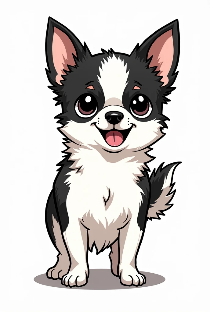 Chihuahua, black and white face, white body, black sides of belly, black butt, fluffy ears, manga style, hungry whole body, LINE stamp style, short legs
