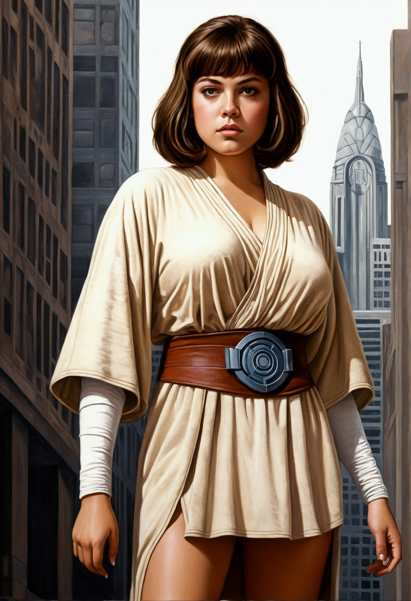 An illustrated movie poster, hand-drawn, full color, a teenage Jedi, 18-years-old, female, wearing a tunic dress, athletic hourglass figure, busty bosoms, full wide hips, massive round butt, long shapely legs, ridiculously thick powerful thighs, amber eyes, dark hair, messy bob cut, tan complexion, resembles Mary Elizabeth Winstead, standing above Coruscant, graphite shading, stencil marks, airbrushed acrylic paint, masterpiece