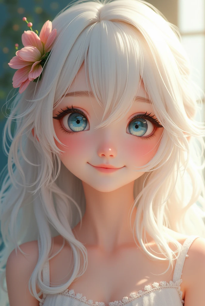 White hair, cute, blue eyes, wink, teenager, hair arrangement, smile, light pouring down from the front, flower