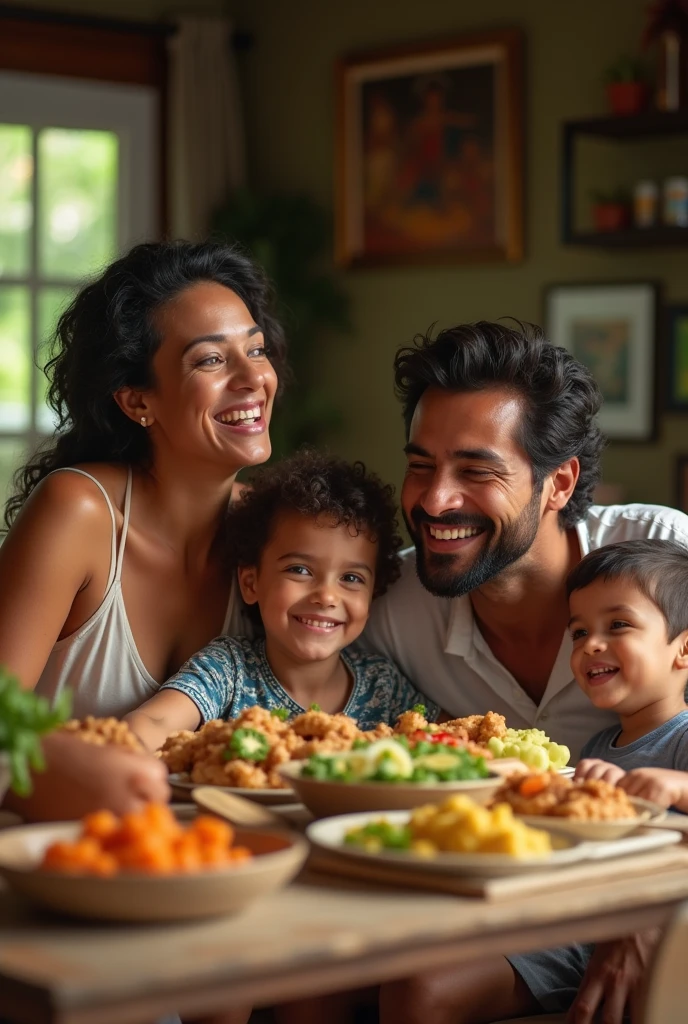 realistic photo of a happy Brazilian family having dinner