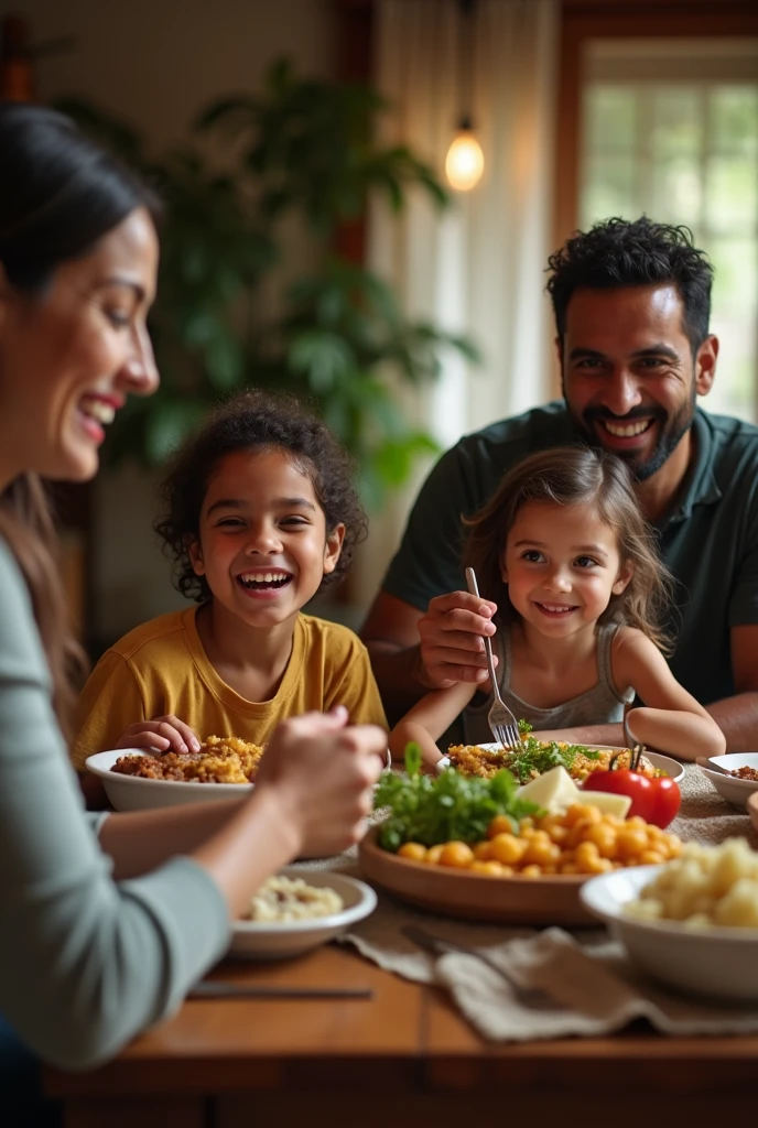 realistic photo of a happy Brazilian family having dinner