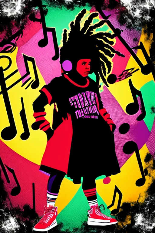A background filled with scattered musical notes in various sizes and colors、

Creative logo illustration of a silhouette with dreadlocks and red headphones, 
Banksy、
A background completely filled with scattered musical notes in various sizes and colors, covering the entire screen.

beautiful girl colorful image

Dance hiphop Dance CREW  Waacking Dance

Punking 

black medium hair black medium hair 

Five fingers Baggy clothes Baggy clothes