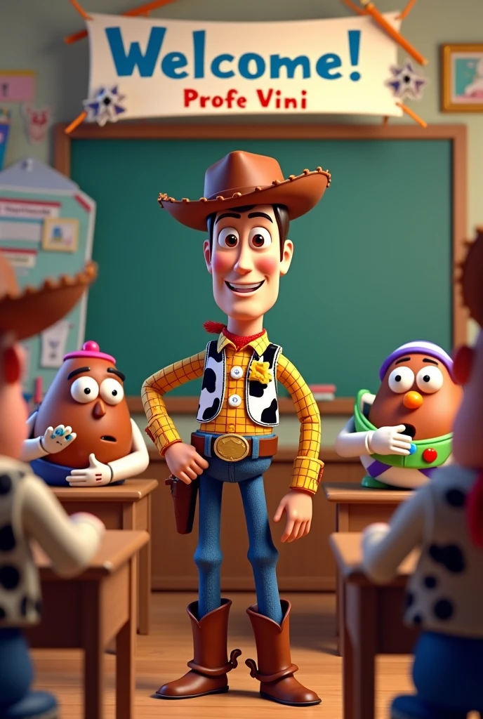 generates an image of a banner with a toy story theme, wody dressed as a teacher, the other characters in a classroom, at the top with a welcome greeting, followed by the phrase Profe Vini