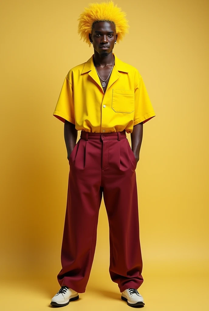 A person with yellow hair wears wine-colored pants and a yellow shirt. The person will be black and will be a man.
