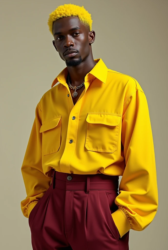 A person with yellow hair wears wine-colored pants and a yellow shirt. The person will be black and will be a man.