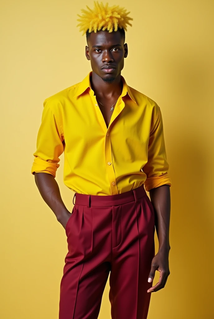 A person with yellow hair wears wine-colored pants and a yellow shirt. The person will be black and will be a man.