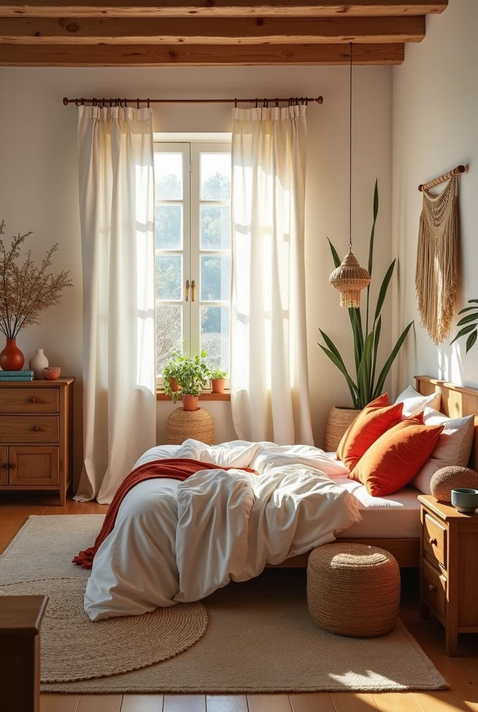 Well-lit boho chic style master bedroom, with decoration in shades of blue, terracotta, offwhite, Wood, off white and touches of orange bedding