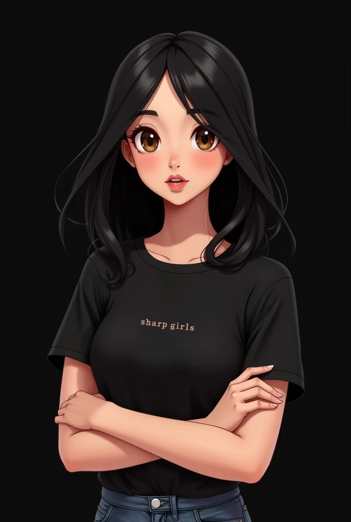 Cute female avatar, with black hair, freckles on the face, plain black sleeve t-shirt, and the name SHARP GIRLS in small on the side of the shirt on the chest, brown mouth, Crossed arms, avatar, black backdrop, cabelo liso , cabelo medio, cabelo partido ao meio