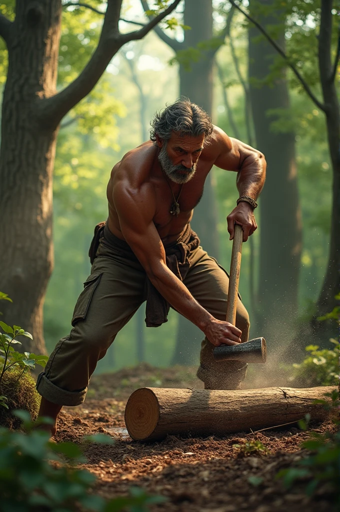 A middle-aged man is cutting wood with an ax in the forest